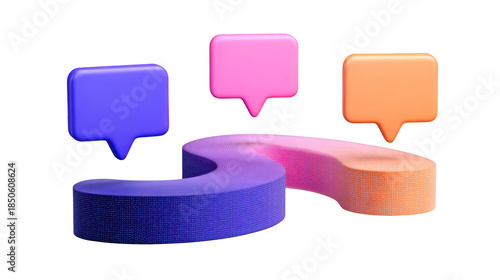Curved bench with textured surface in purple and orange, surrounded by floating colorful speech bubbles, modern abstract communication concept, playful and creative style