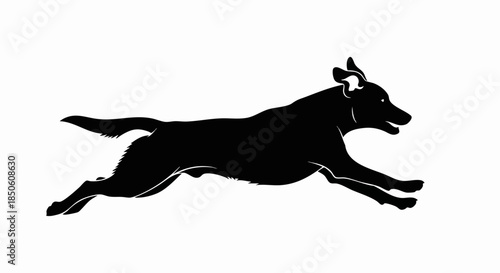 Black Silhouette of a Running Dog with Ears Perked Up.