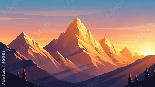 Majestic mountain range at sunset with warm golden light on peaks and blue sky