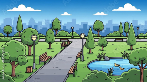 Cartoon city park with pathway, benches, pond, and ducks, urban green space with trees and cloudy