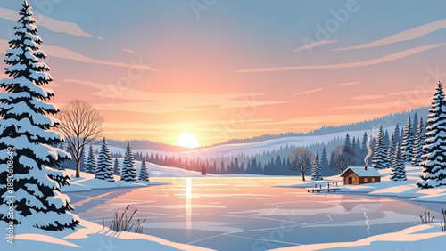 Frozen lake at sunset with snow covered trees and cabin in winter landscape