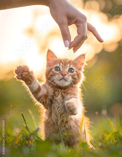 Playful orange kitten reaching toward a hand in golden sunlight