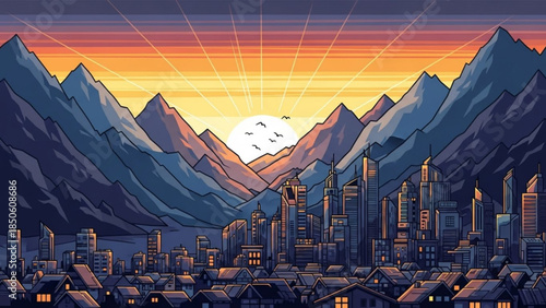 Vibrant cityscape nestled between majestic mountains at sunset with warm orange glow and flying birds