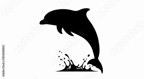 Black silhouette of a dolphin jumping out of water with energetic splashes.
