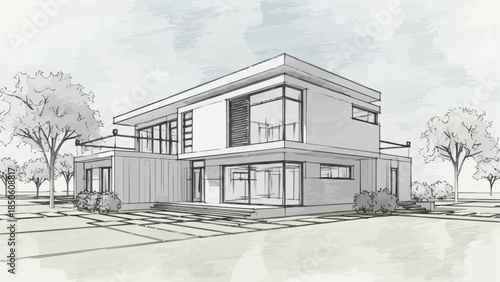 Modern Architectural Sketch of a Two-Story House with Large Windows.
