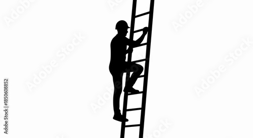 Silhouette of a construction worker climbing a ladder towards success.