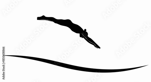 Silhouette of a diver in mid-air above water.