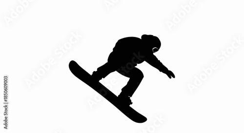 Black silhouette of a snowboarder in mid-air jump.