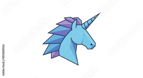 geometric blue unicorn head logo illustration on white background modern flat vector mascot design for startup branding and fantasy apps