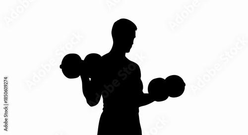 Silhouette of a man lifting weights during workout session.
