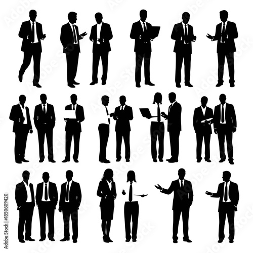 Silhouettes of Business Professionals in Various Poses and Interactions.