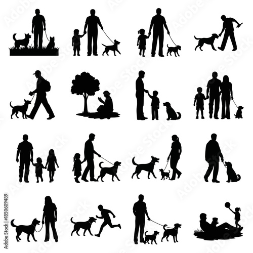 Silhouettes of People and Dogs in Various Activities.