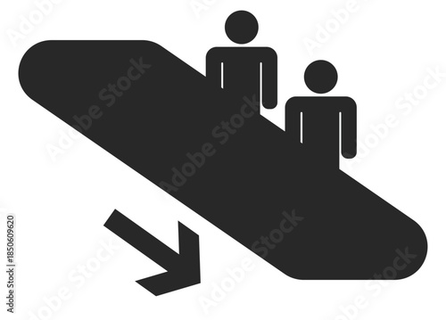 エスカレーターに乗る人々のピクトグラム　下降　黒
