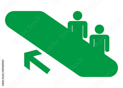エスカレーターに乗る人々のピクトグラム　上昇　緑