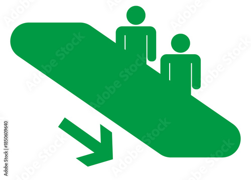 エスカレーターに乗る人々のピクトグラム　下降　緑