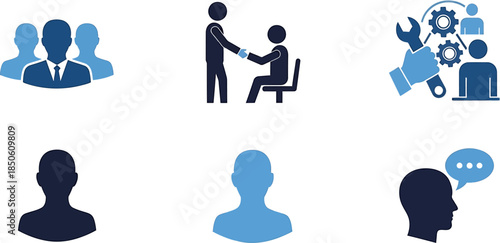 Illustrations of business and human interaction concepts including teamwork, discussion, and networking
