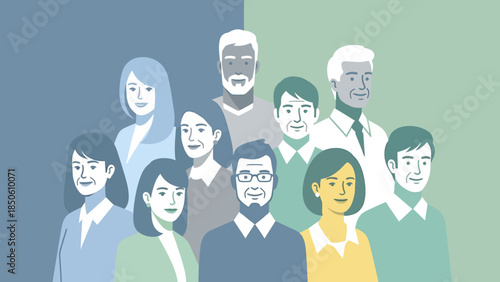 Diverse group of people of different ages and genders, representing various community members in a stylized illustration