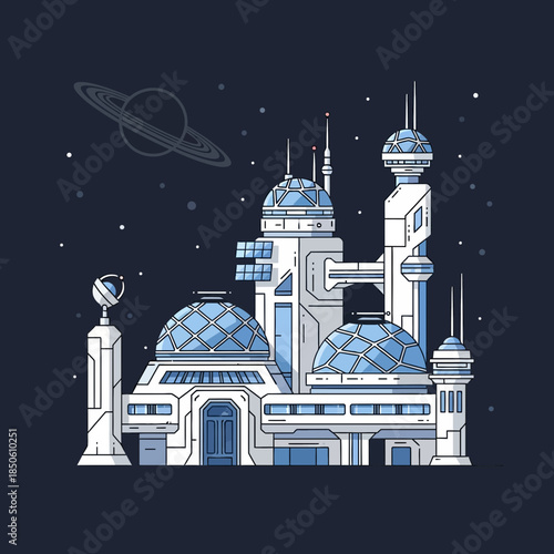 Futuristic space station with domes and towers, orbiting a planet.