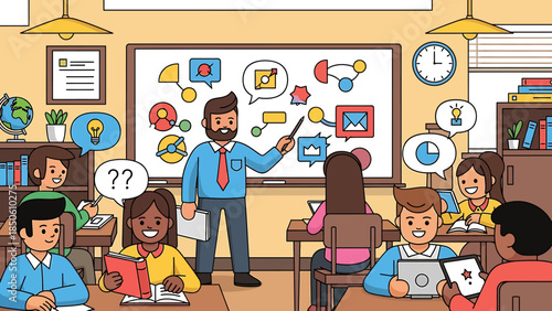 Engaging Classroom Scene with Teacher and Students Using Technology and Learning Icons