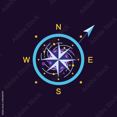Compass pointing direction with stars and planets.