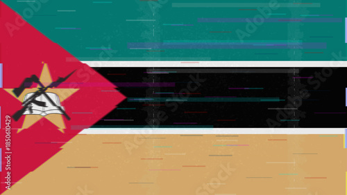 Mozambique glitch flag vector, RGB split distortion, digital abstract video frame illustration