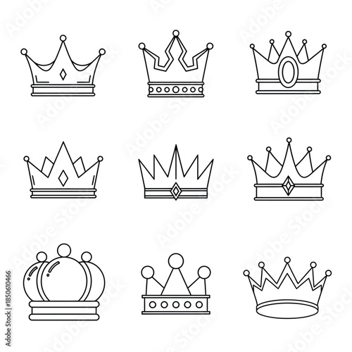 Collection Of Crown Icons In Line Art For Royalty, King, Queen, And Regal Motifs
