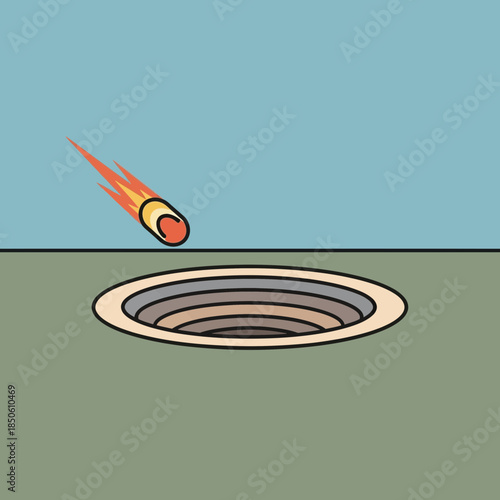 Meteorite falling into a circular pit.