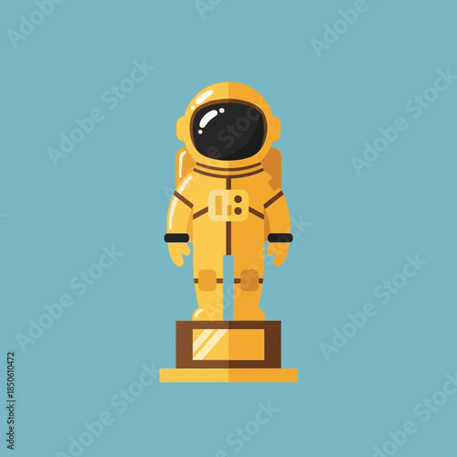 Yellow astronaut trophy stands on a brown and gold base.