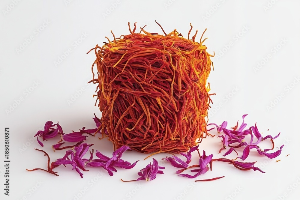 Fototapeta premium vibrant cube of tangled red-orange saffron threads surrounded by scattered purple flower petals on a clean white background, evoking warmth and delicate beauty