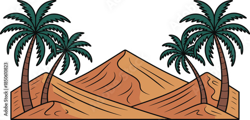 Desert landscape with palm trees and sand dunes Vector illustration