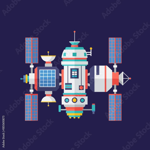 A colorful illustration of a space station with solar panels.