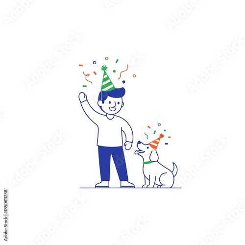 Celebrating together: a joyful moment with a boy and his pet dog having a party