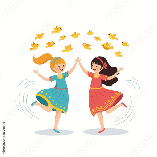 Cheerful friendship: two young girls sharing a joyful moment under a flock of birds