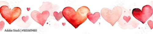 watercolor red and pink hearts in varying sizes with soft washes and paint splatters on white background conveying romantic, cheerful, whimsical feeling