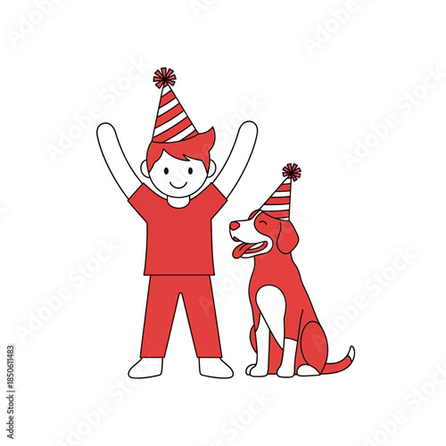 Celebratory companionship: illustrated boy and dog in festive party hats rejoicing together