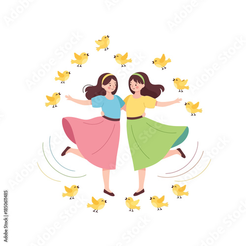 Cheerful depiction of two women surrounded by animated birds, radiating joy and companionship