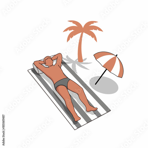 Stylized depiction of relaxation on a tropical beach under a palm tree shade