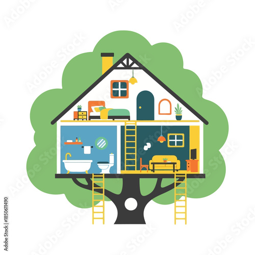 Whimsical treehouse dwelling cross-section featuring charming interior and exterior details in a