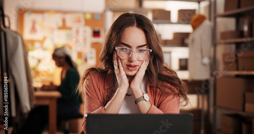 Slika na platnu Stress, laptop and ecommerce with woman in warehouse for online shopping, courier mistake and lost order