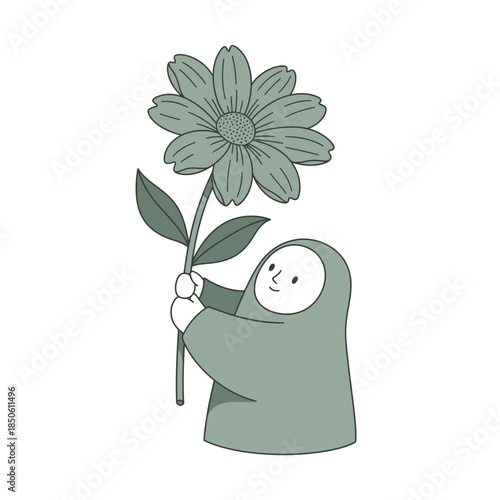 Whimsical illustration of a hooded figure delicately holding a large bloom in a serene composition