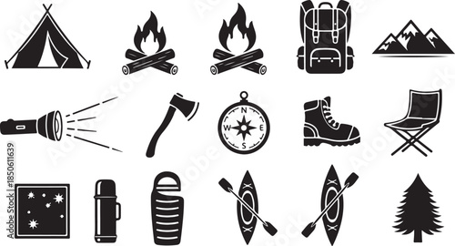 Camping and hiking icons for outdoor adventure