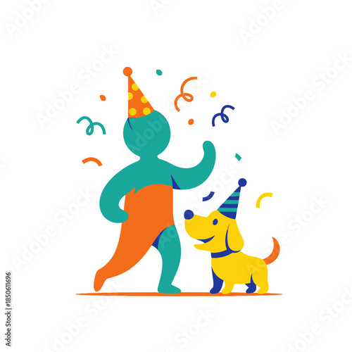 Colorful illustration of a person and dog celebrating a festive occasion with joy and merriment