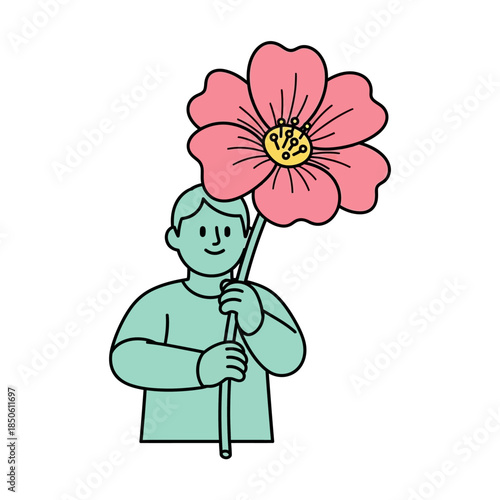 Stylized illustration of a person holding an oversized pink flower conveying tranquility and