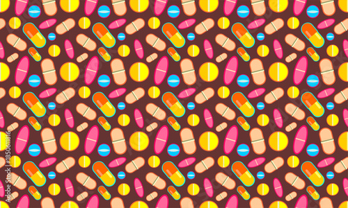 Seamless pattern of piils. Colorful piils and capcules pattern. Pills and capcules pattern on brown background.