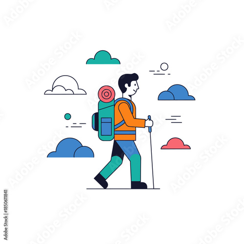 Animated hiker trekking in a whimsical cloudscape representing outdoor lifestyle and journey