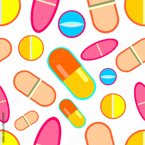 Seamless pattern of piils. Colorful piils and capcules pattern. Pills and capcules pattern on white background.