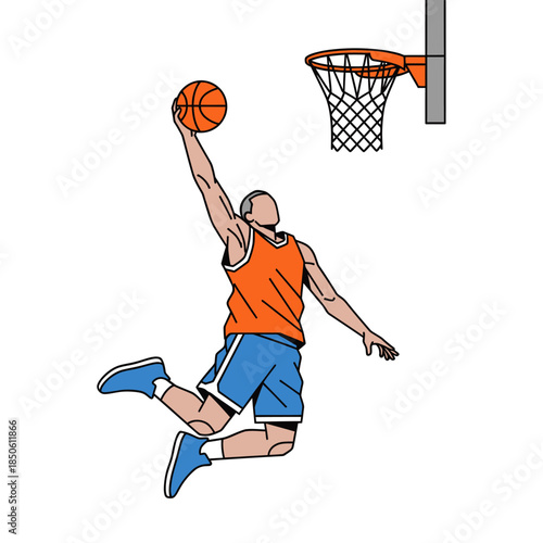 Dynamic illustration of a basketball player soaring mid-air for a powerful slam dunk attempt