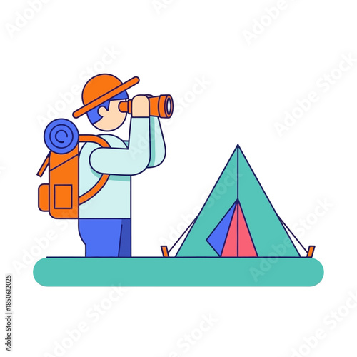 Adventurous explorer observes serene landscape with vibrant colors using binocular telescope in