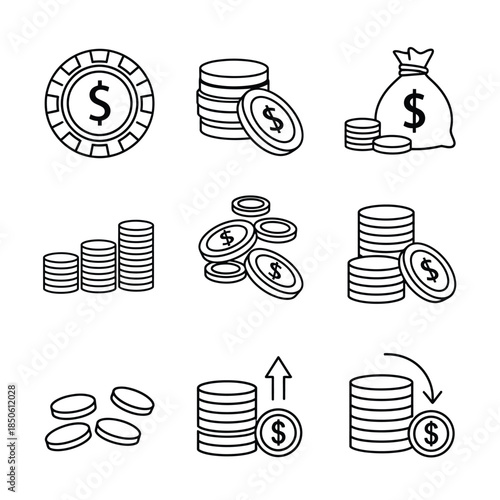Monetary Icon Set Featuring Coins, Stacks, Money Bags, and Financial Symbols for Finance Projects