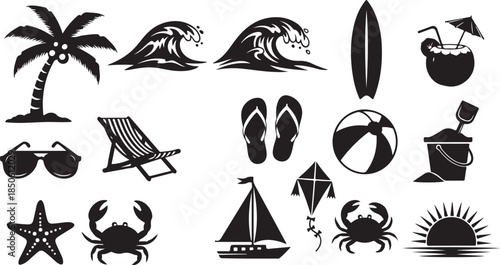 Black beach icons set for summer designs